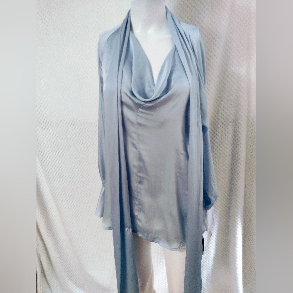 NWT INC Blouse Powder Blue Satin Neck Tie Drape Neckline